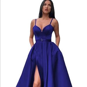Royal blue spaghetti strap gown with pockets